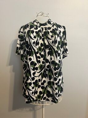 Style & Co. White Floral Mock Neck Blouse with Black & Green Print